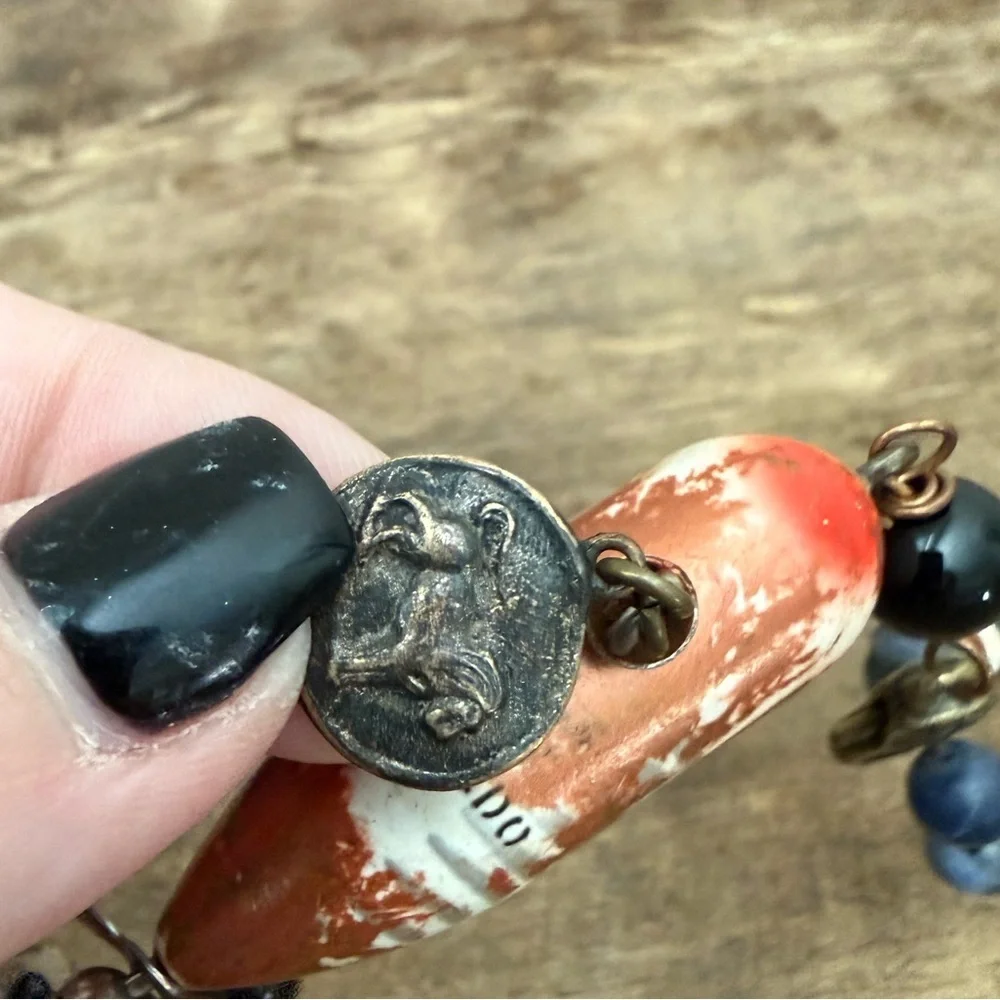 Vintage Blue and Orange Beaded Necklace with Heddon Fishing Lure Pendant